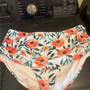 Floral High-Waist Bikini Bottoms - Coral & Teal Flowers